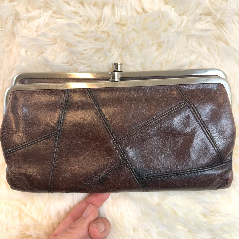 Hobo Lauren Wallet Women Chocolate Brown Patchwork Leather Double Frame Clutch